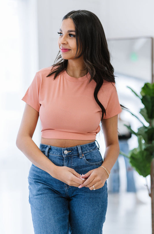 Ribbed Backless Back Tie Crop Top - Salmon