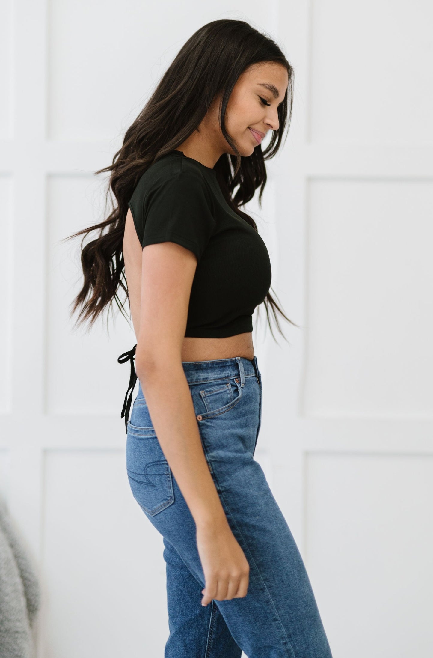 Ribbed Backless Back Tie Crop Top - Black