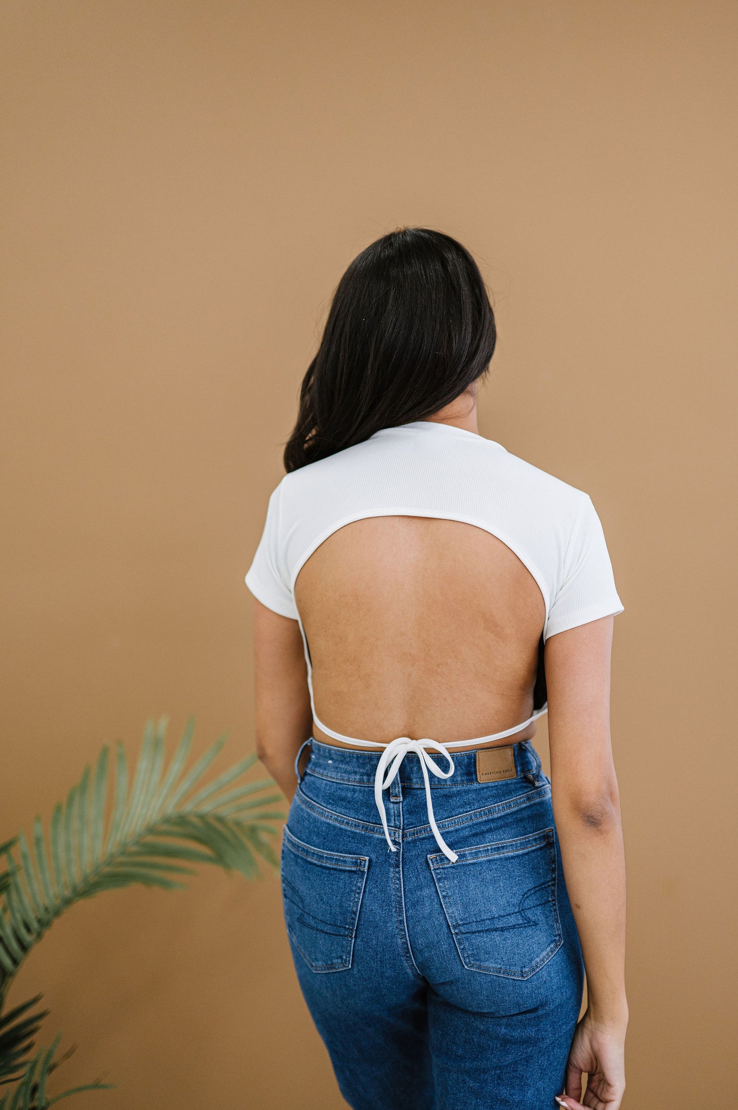 Ribbed Backless Back Tie Crop Top - White