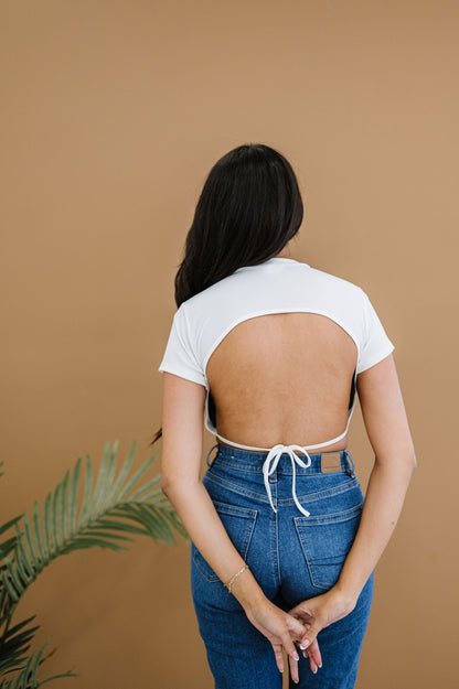 Ribbed Backless Back Tie Crop Top - White