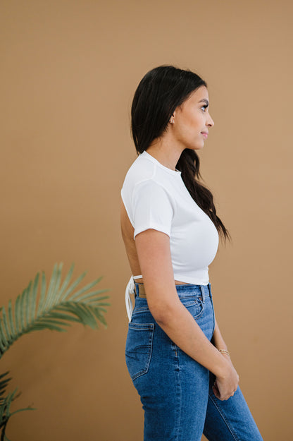 Ribbed Backless Back Tie Crop Top - White