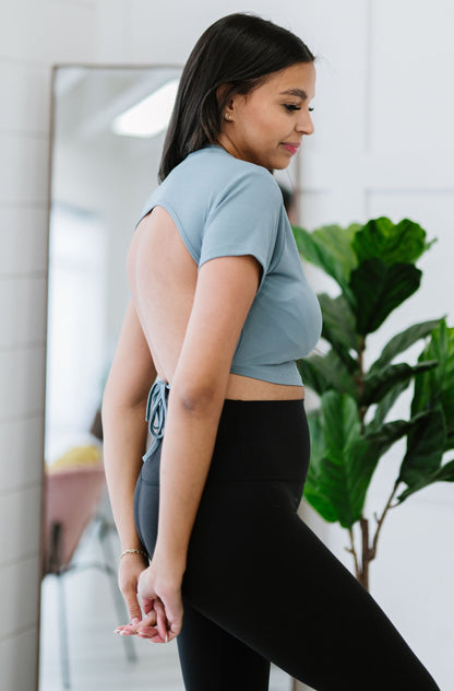 Ribbed Backless Back Tie Crop Top - Blue