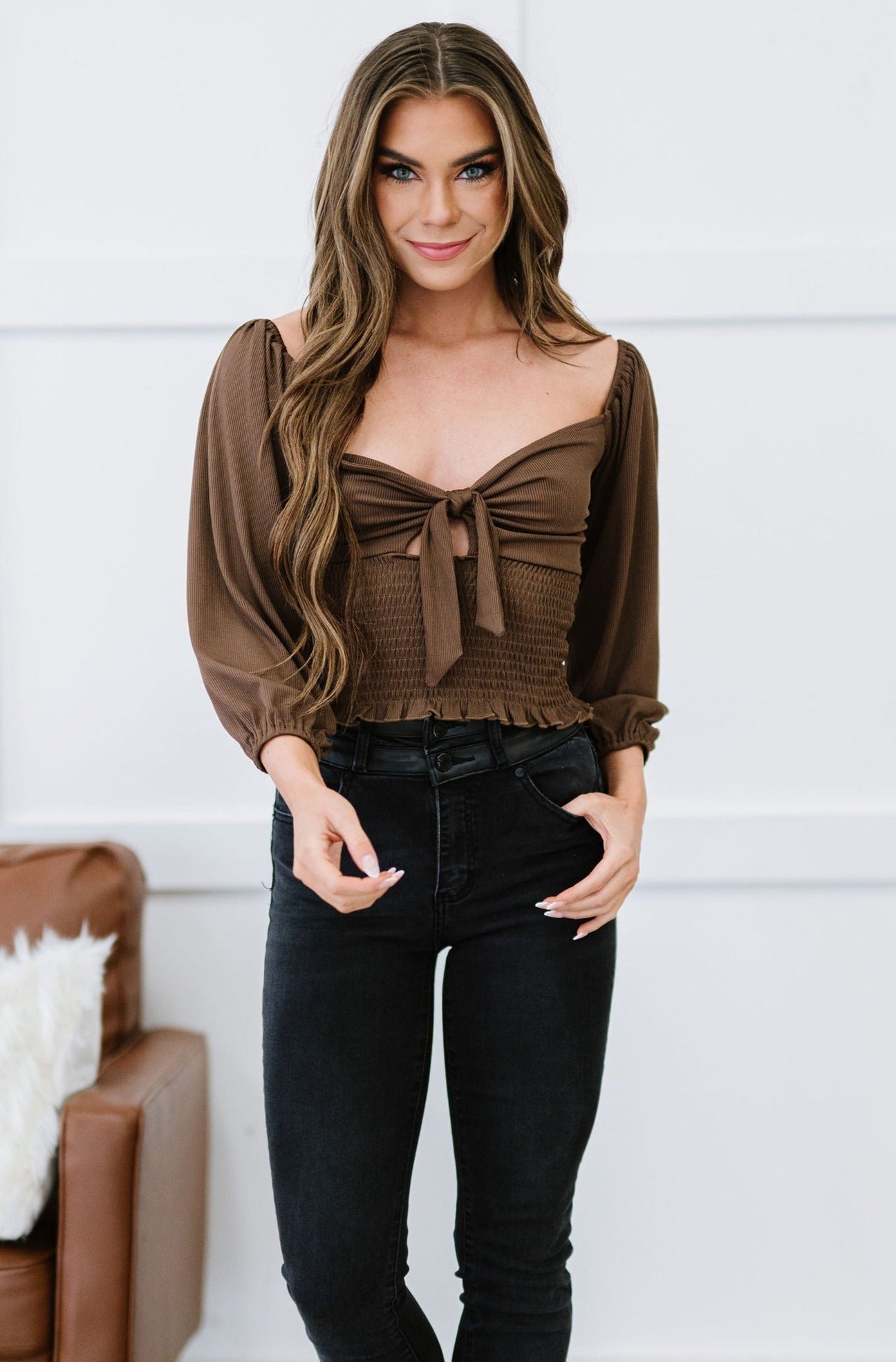Izzy Ribbed Blouse - Brown
