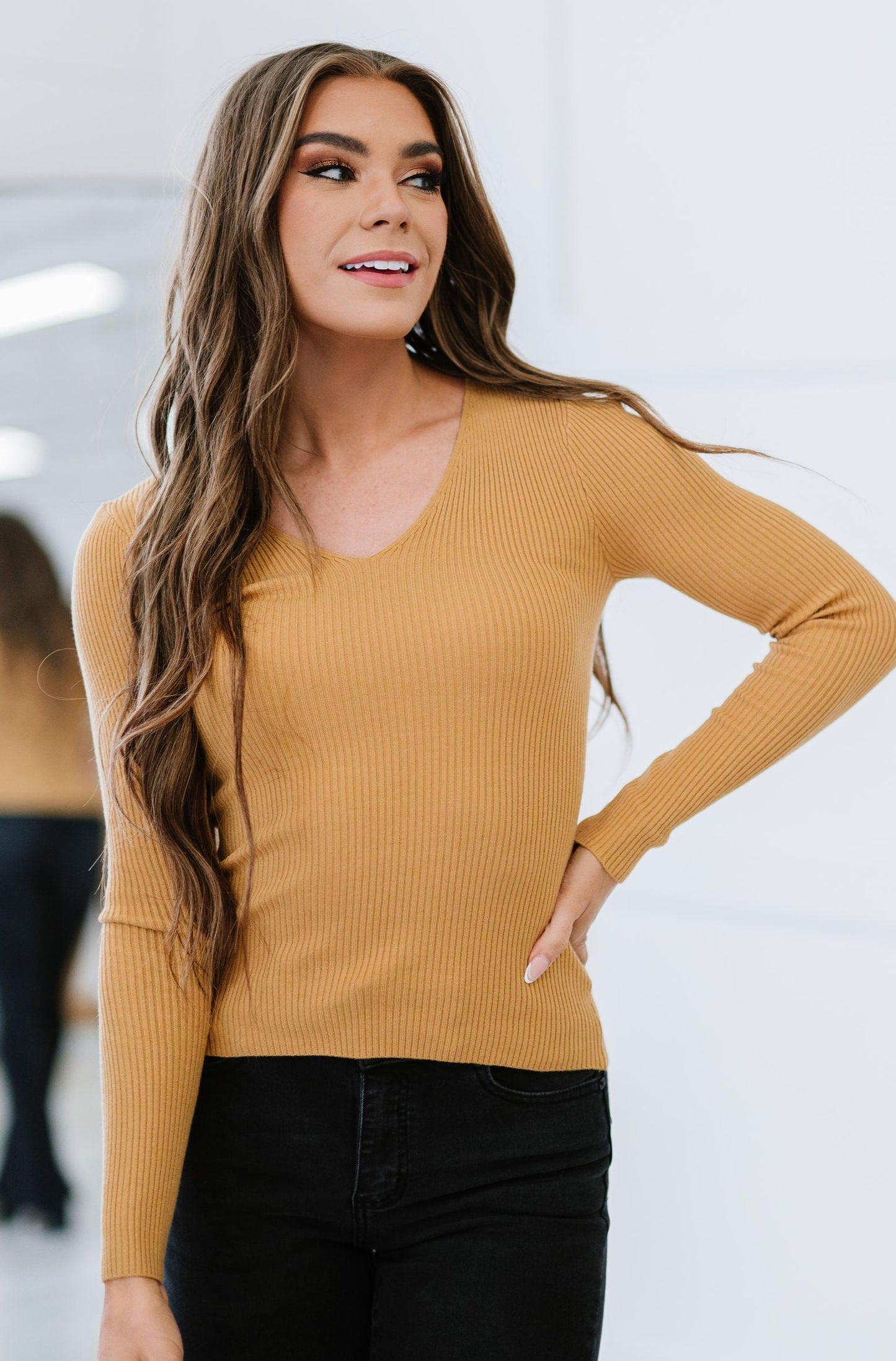 Helena Ribbed Long Sleeve Top - Mustard